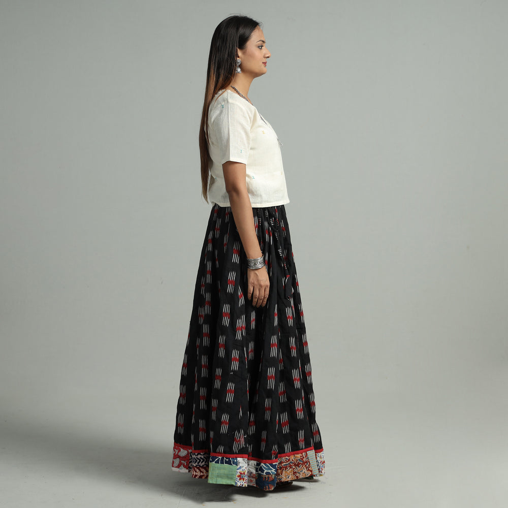 Black - Pochampally Ikat 24 Kali Cotton Skirt with Patchwork Border 07