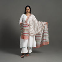 White - Block Print Handloom Chanderi Silk Sanganeri Dupatta 09