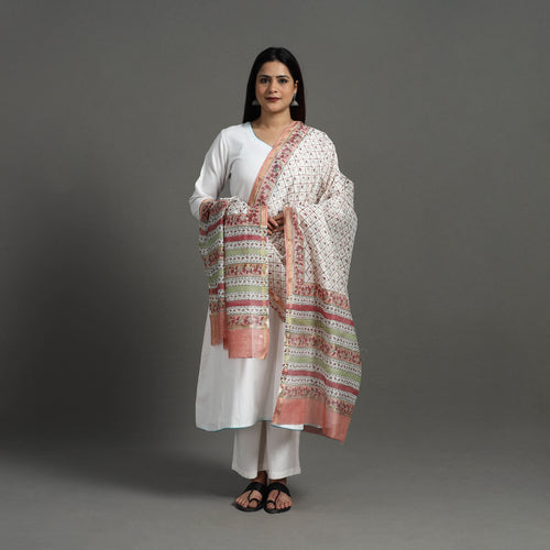 White - Block Print Handloom Chanderi Silk Sanganeri Dupatta 09