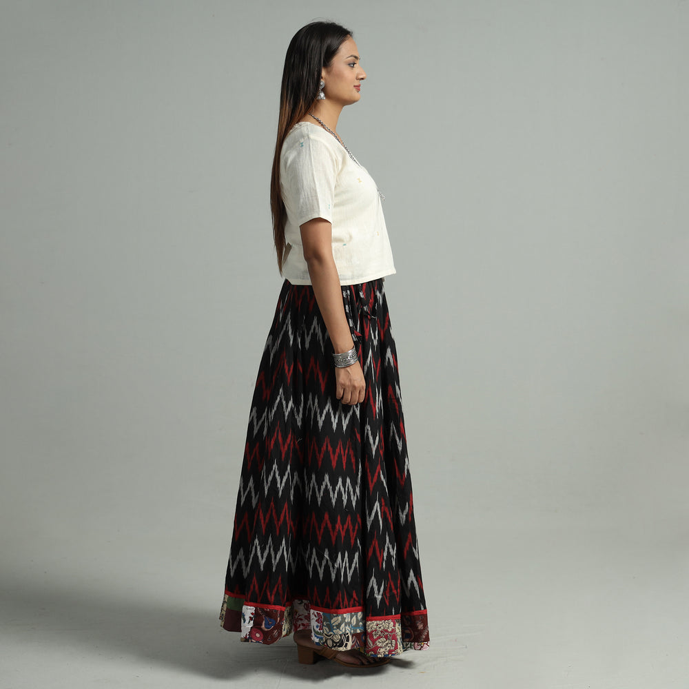 Multicolor - Pochampally Ikat 24 Kali Cotton Skirt with Patchwork Border 08