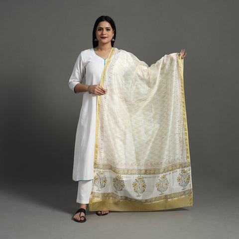 Beige - Block Print Handloom Chanderi Silk Sanganeri Dupatta 11