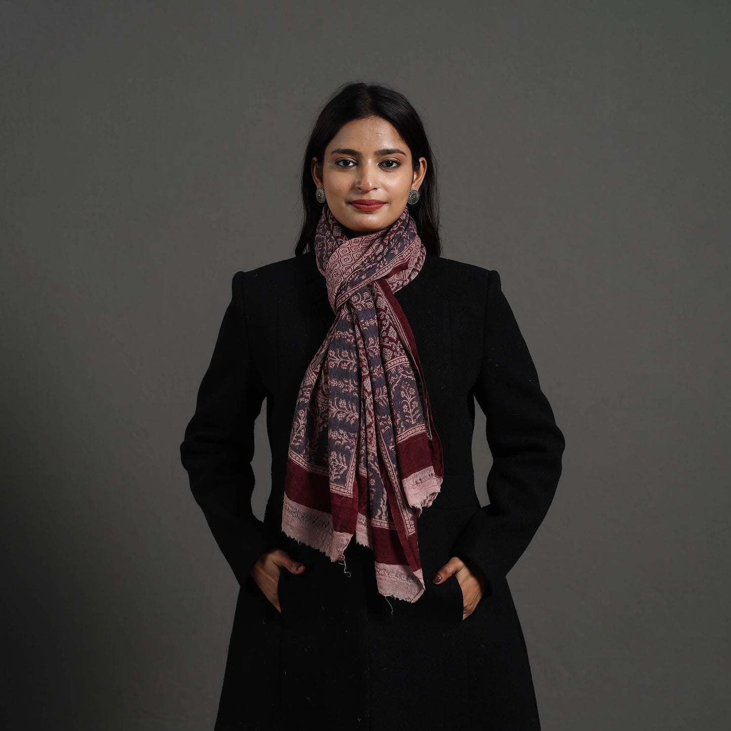 Maroon - bagh hand printed woollen stole 06 - handcrafted