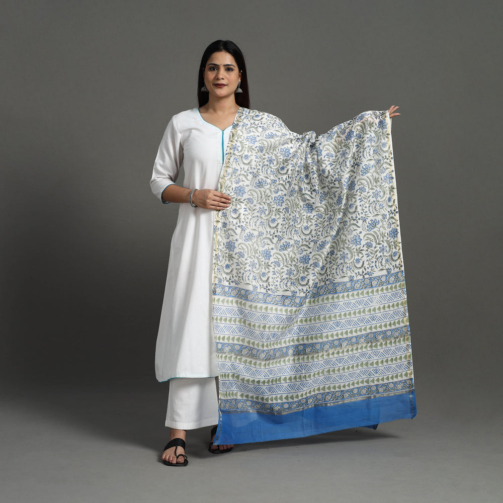 Blue - Block Print Handloom Chanderi Silk Sanganeri Dupatta 12