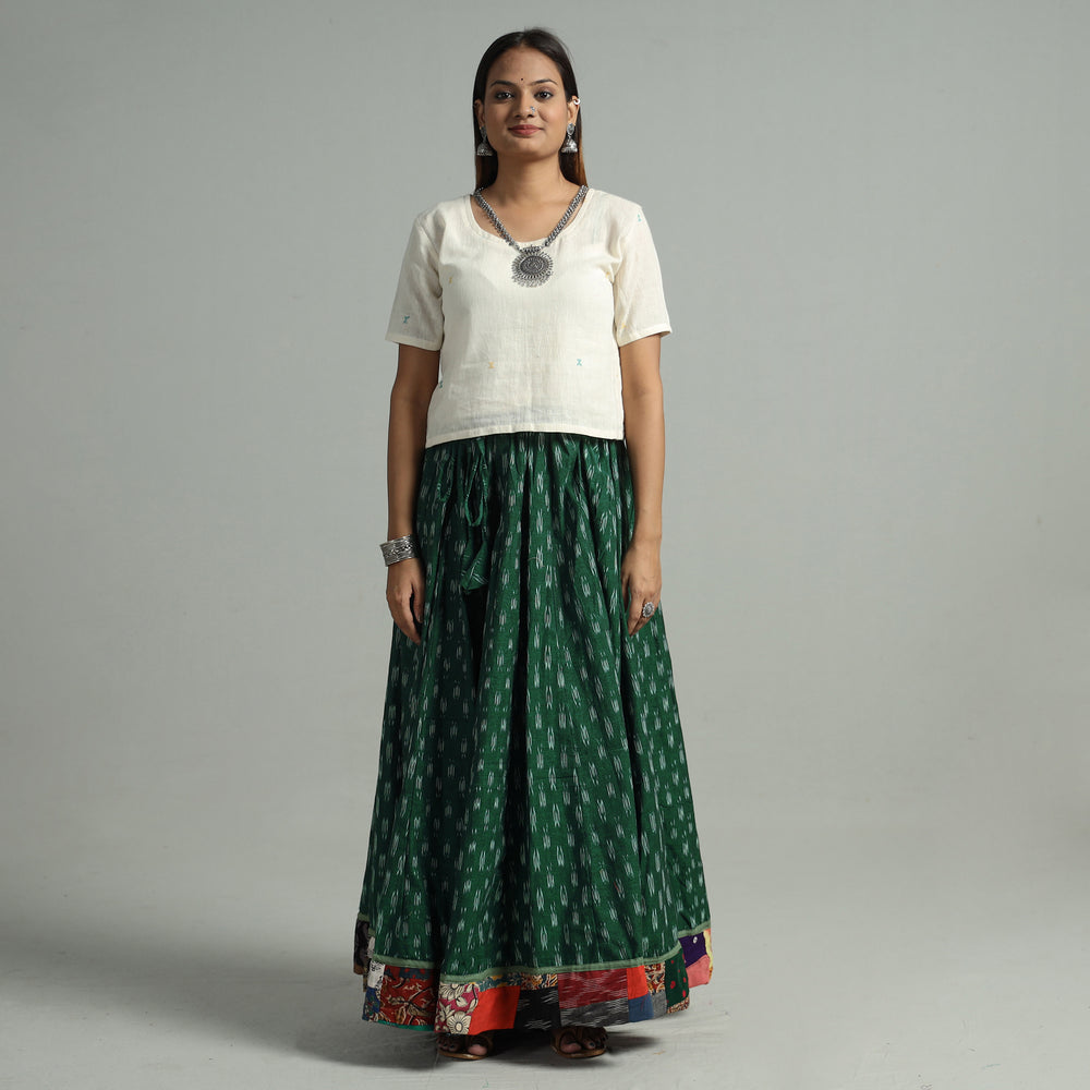 Green - Pochampally Ikat 24 Kali Cotton Skirt with Patchwork Border 09