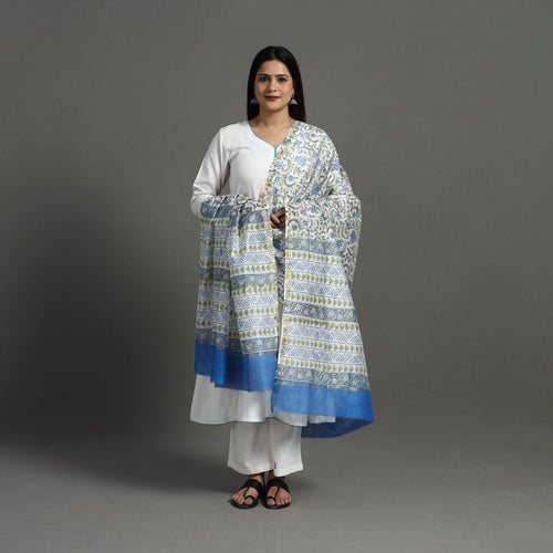 Blue - Block Print Handloom Chanderi Silk Sanganeri Dupatta 12