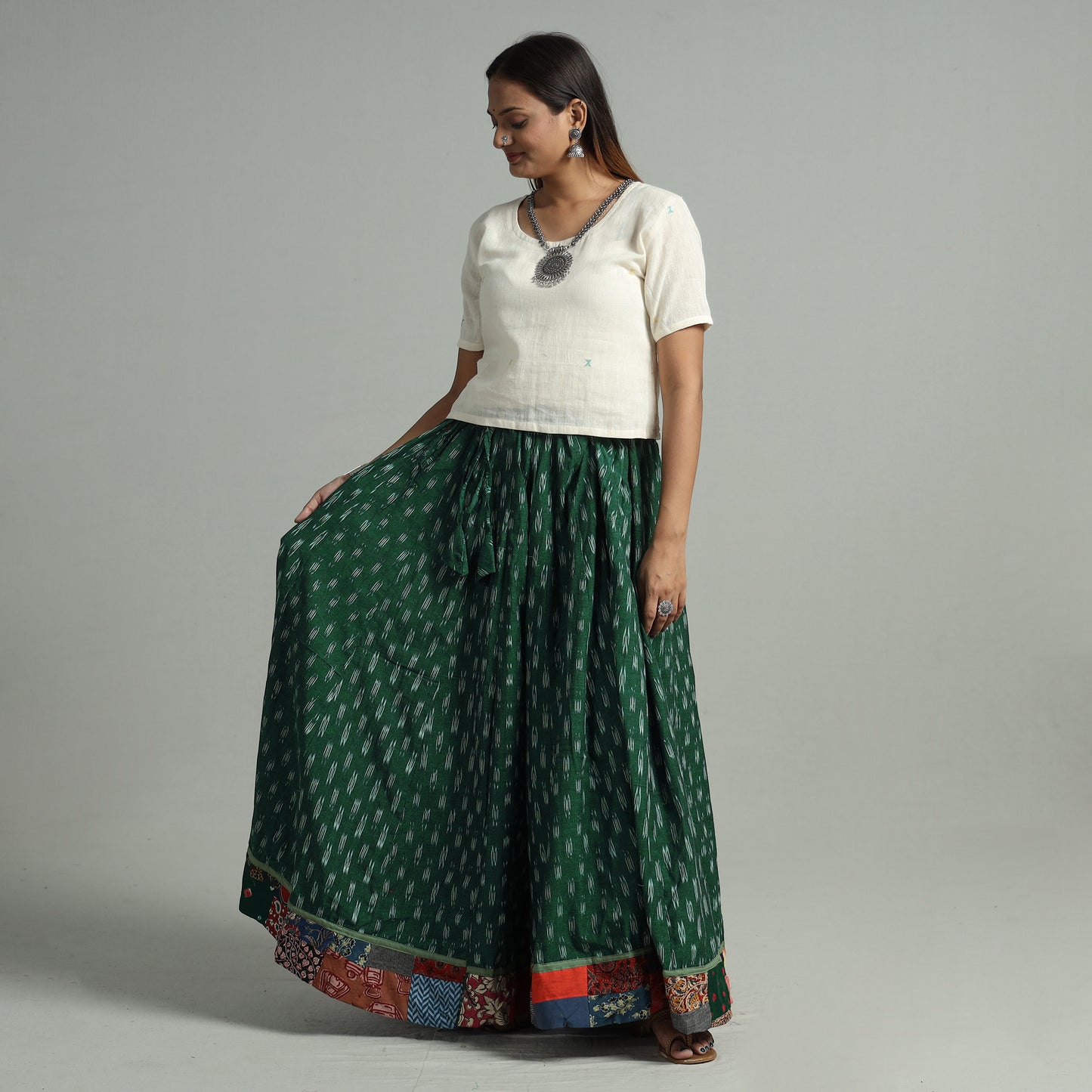 Green - Pochampally Ikat 24 Kali Cotton Skirt with Patchwork Border 09