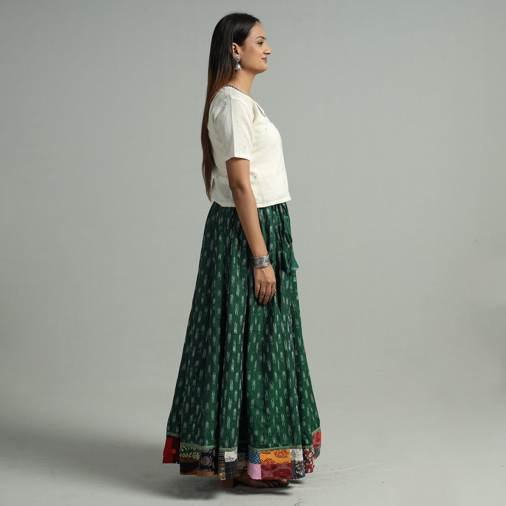 Green - Pochampally Ikat 24 Kali Cotton Skirt with Patchwork Border 09