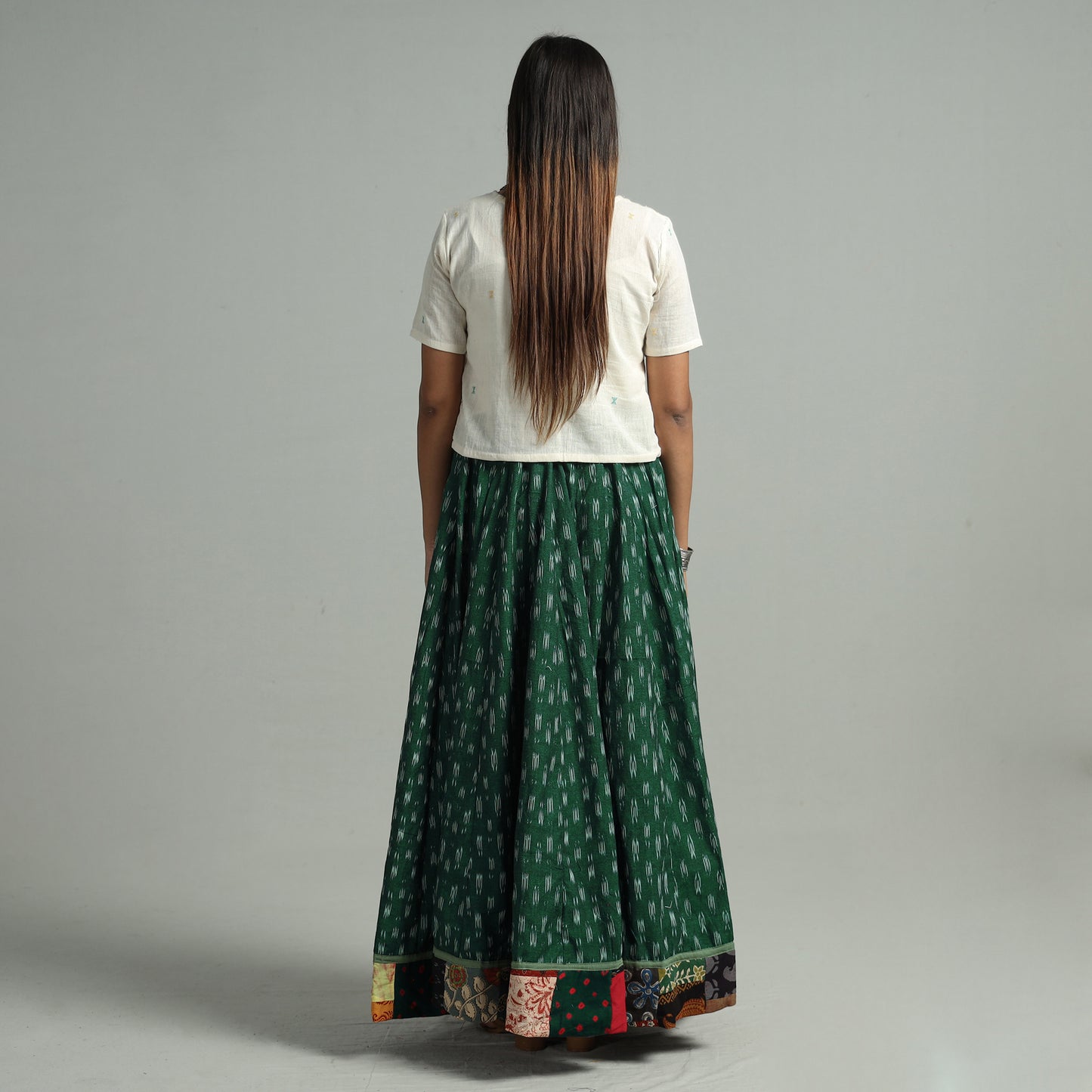 Green - Pochampally Ikat 24 Kali Cotton Skirt with Patchwork Border 09