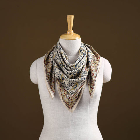 Beige - Pedana Hand Block Print Natural Dyed Cotton Kalamkari Scarf 01