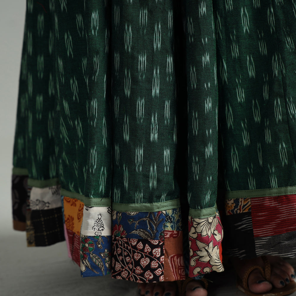 Green - Pochampally Ikat 24 Kali Cotton Skirt with Patchwork Border 09