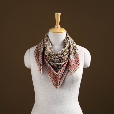 Beige - Pedana Hand Block Print Natural Dyed Cotton Kalamkari Scarf 03
