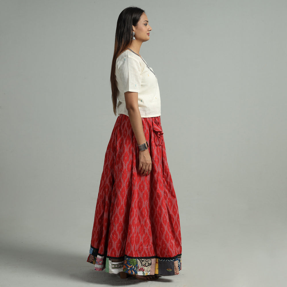 Red - Pochampally Ikat 24 Kali Cotton Skirt with Patchwork Border 10