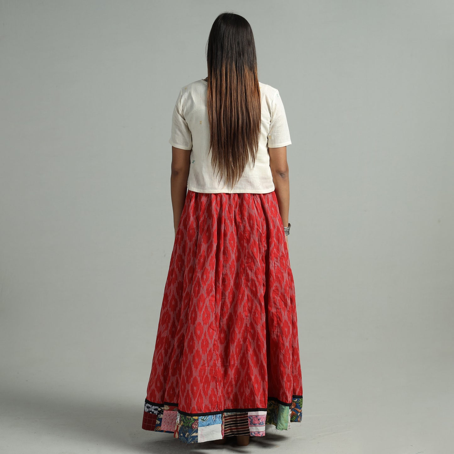 Red - Pochampally Ikat 24 Kali Cotton Skirt with Patchwork Border 10