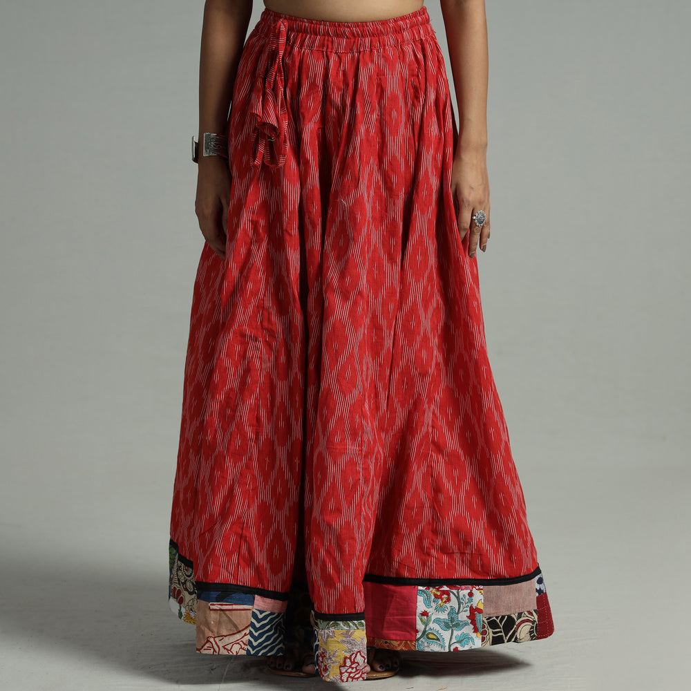 Red - Pochampally Ikat 24 Kali Cotton Skirt with Patchwork Border 10