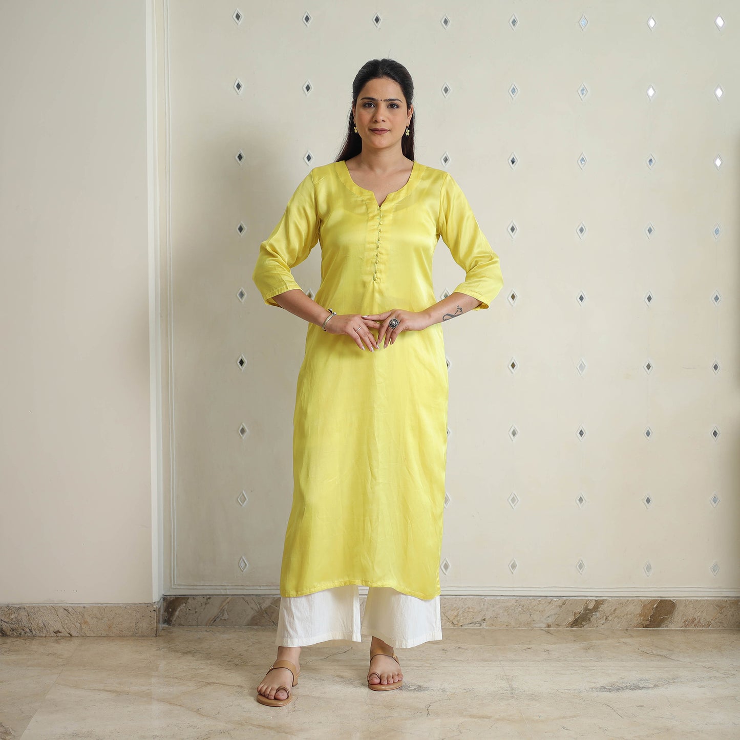 Krishvi Bright Yellow Modal Silk Plain Straight Kurta