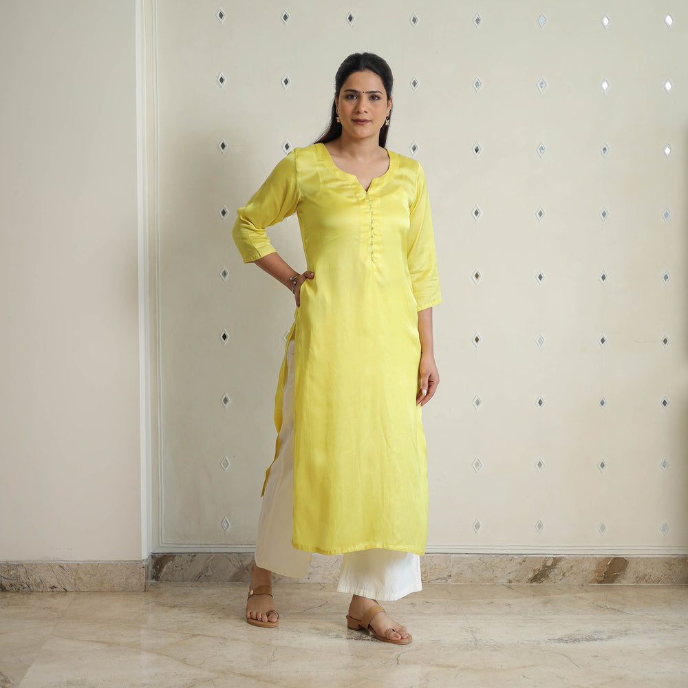 Krishvi Bright Yellow Modal Silk Plain Straight Kurta