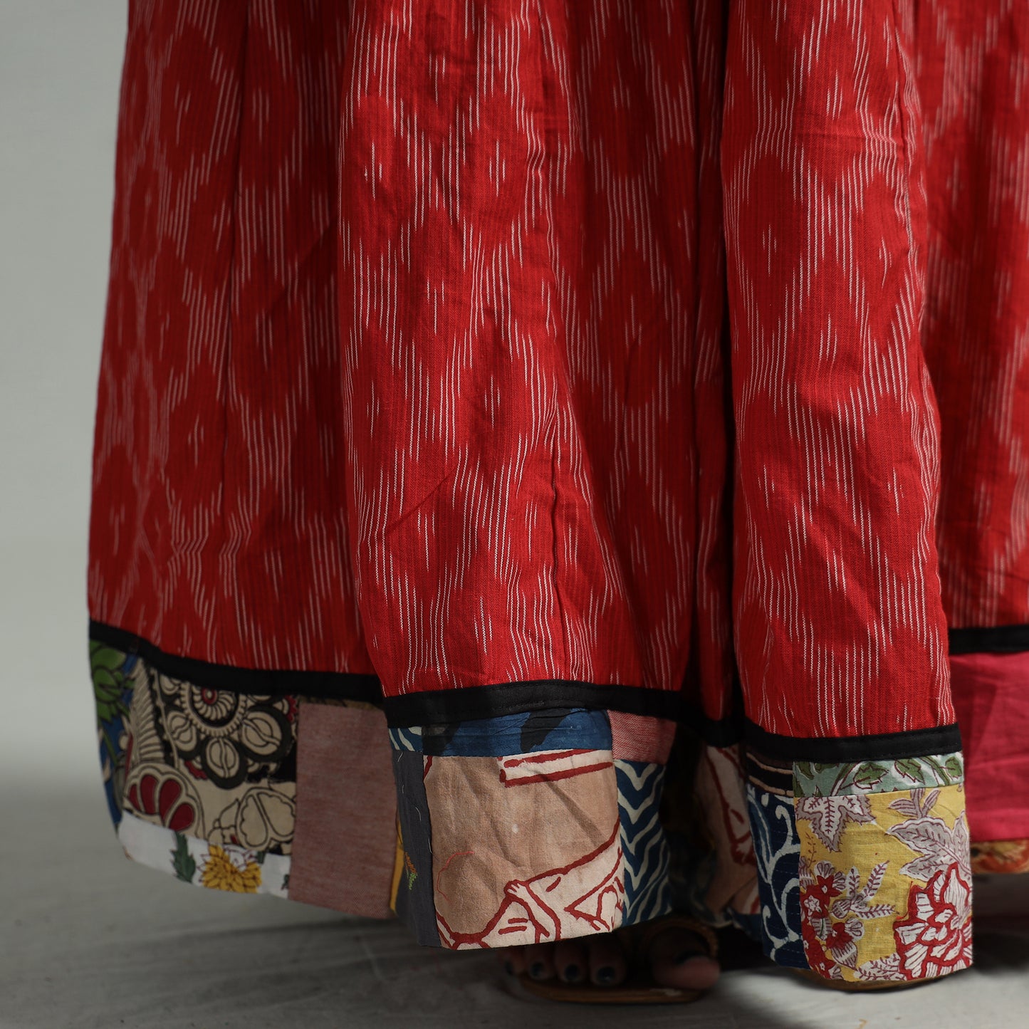 Red - Pochampally Ikat 24 Kali Cotton Skirt with Patchwork Border 10