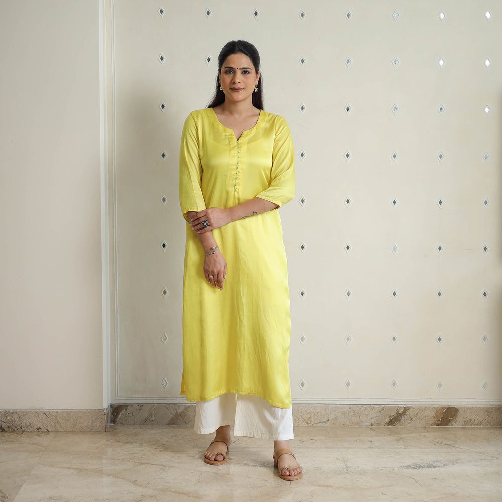 Krishvi Bright Yellow Modal Silk Plain Straight Kurta