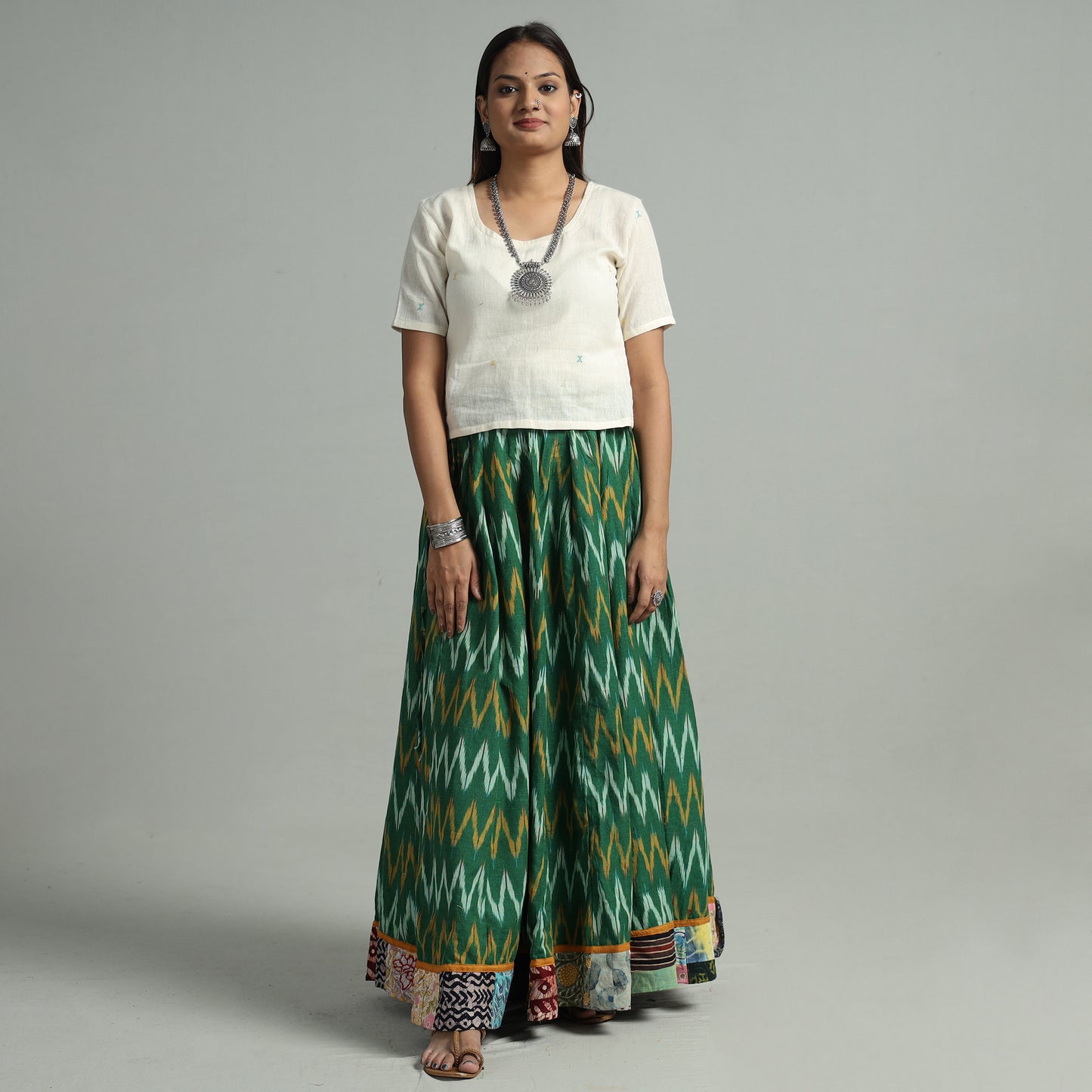 Green - Pochampally Ikat 24 Kali Cotton Skirt with Patchwork Border 11