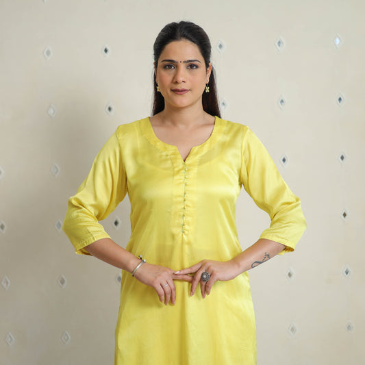 Krishvi Bright Yellow Modal Silk Plain Straight Kurta