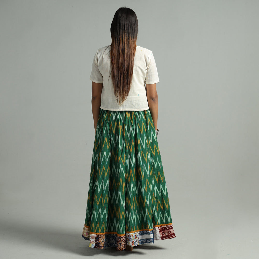 Green - Pochampally Ikat 24 Kali Cotton Skirt with Patchwork Border 11