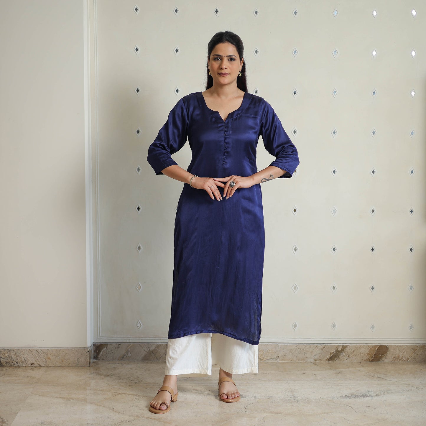 Jasleen Navy Blue Modal Silk Plain Straight Kurta