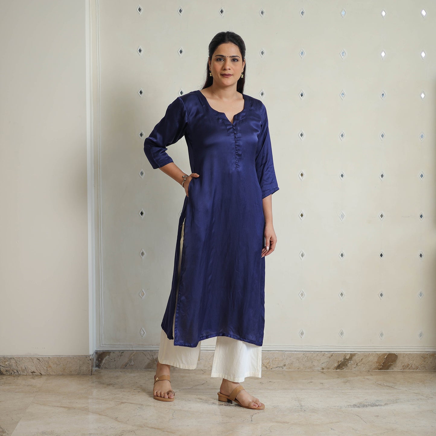 Jasleen Navy Blue Modal Silk Plain Straight Kurta