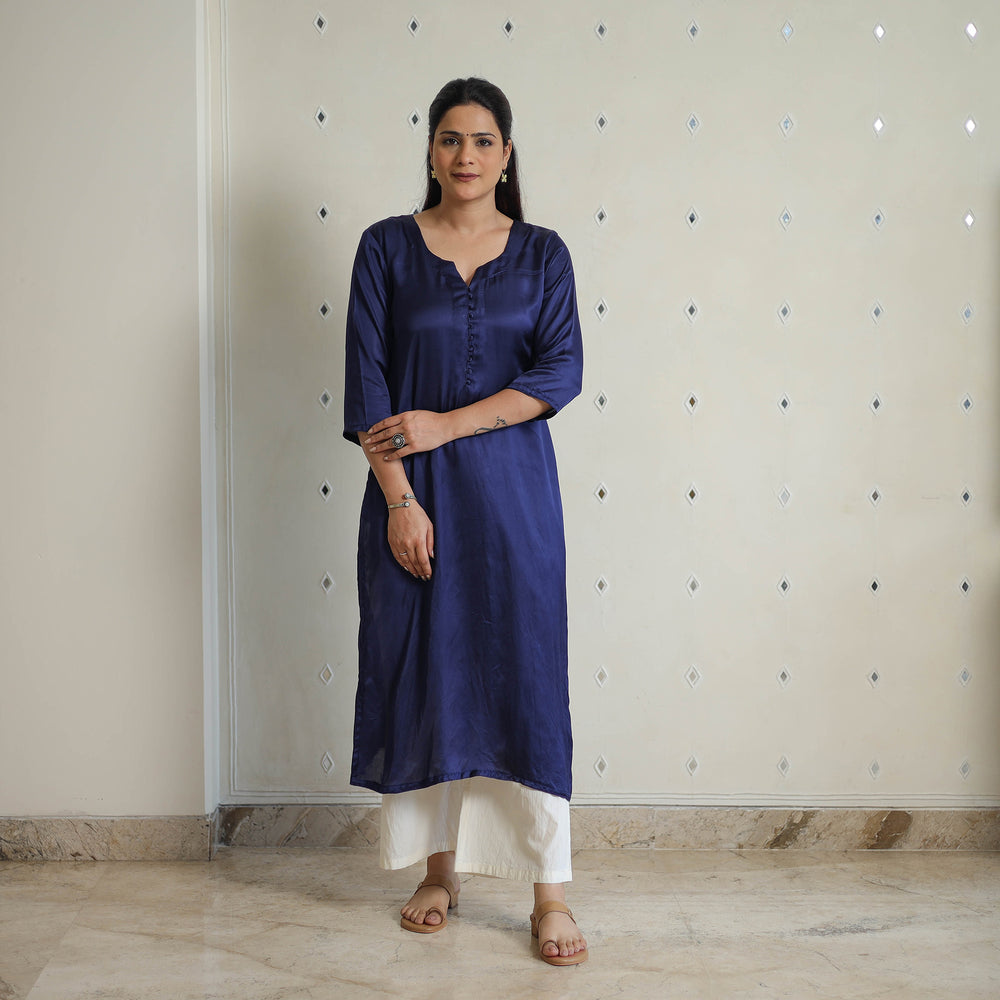 Jasleen Navy Blue Modal Silk Plain Straight Kurta