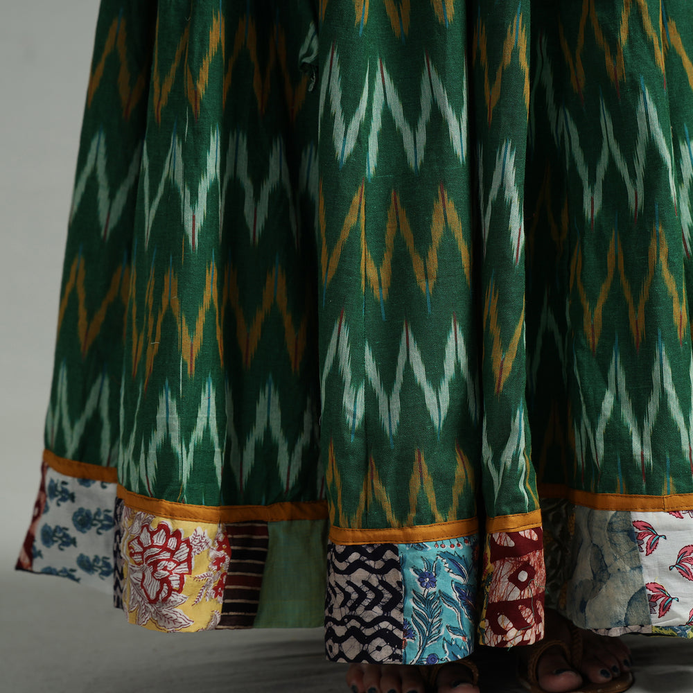 Green - Pochampally Ikat 24 Kali Cotton Skirt with Patchwork Border 11