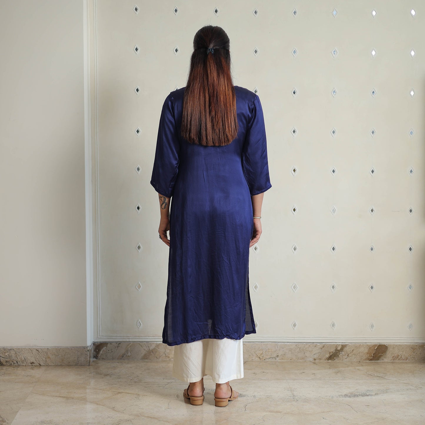 Jasleen Navy Blue Modal Silk Plain Straight Kurta