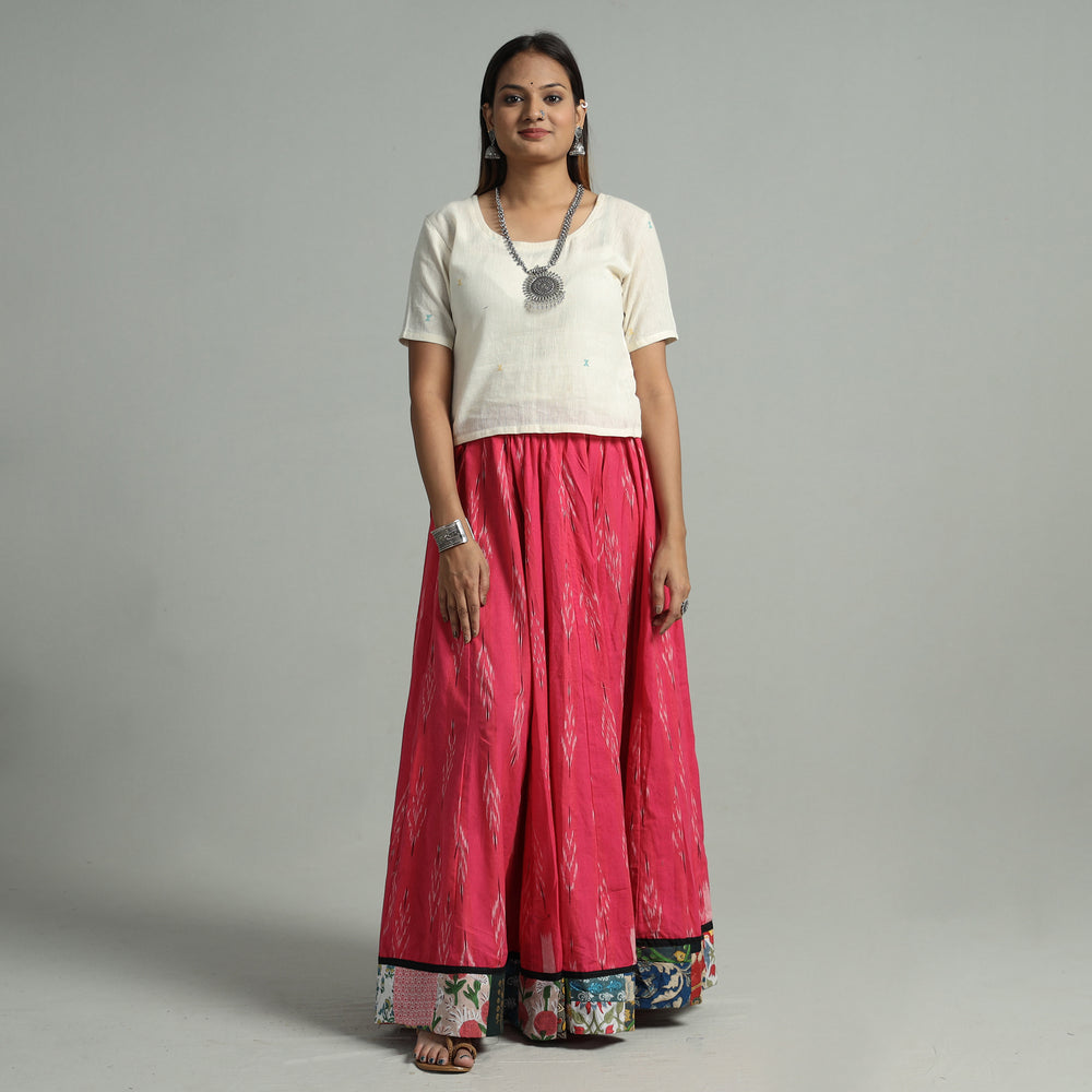 Pink - Pochampally Ikat 24 Kali Cotton Skirt with Patchwork Border 12