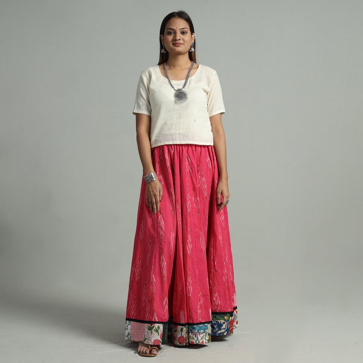 Pink - Pochampally Ikat 24 Kali Cotton Skirt with Patchwork Border 12