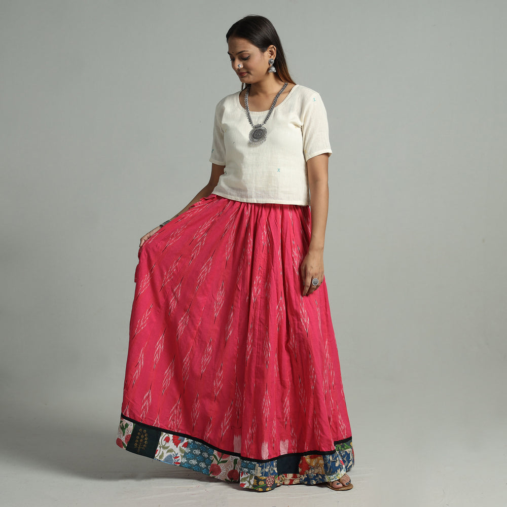 Pink - Pochampally Ikat 24 Kali Cotton Skirt with Patchwork Border 12