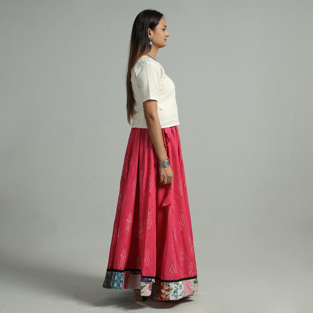 Pink - Pochampally Ikat 24 Kali Cotton Skirt with Patchwork Border 12