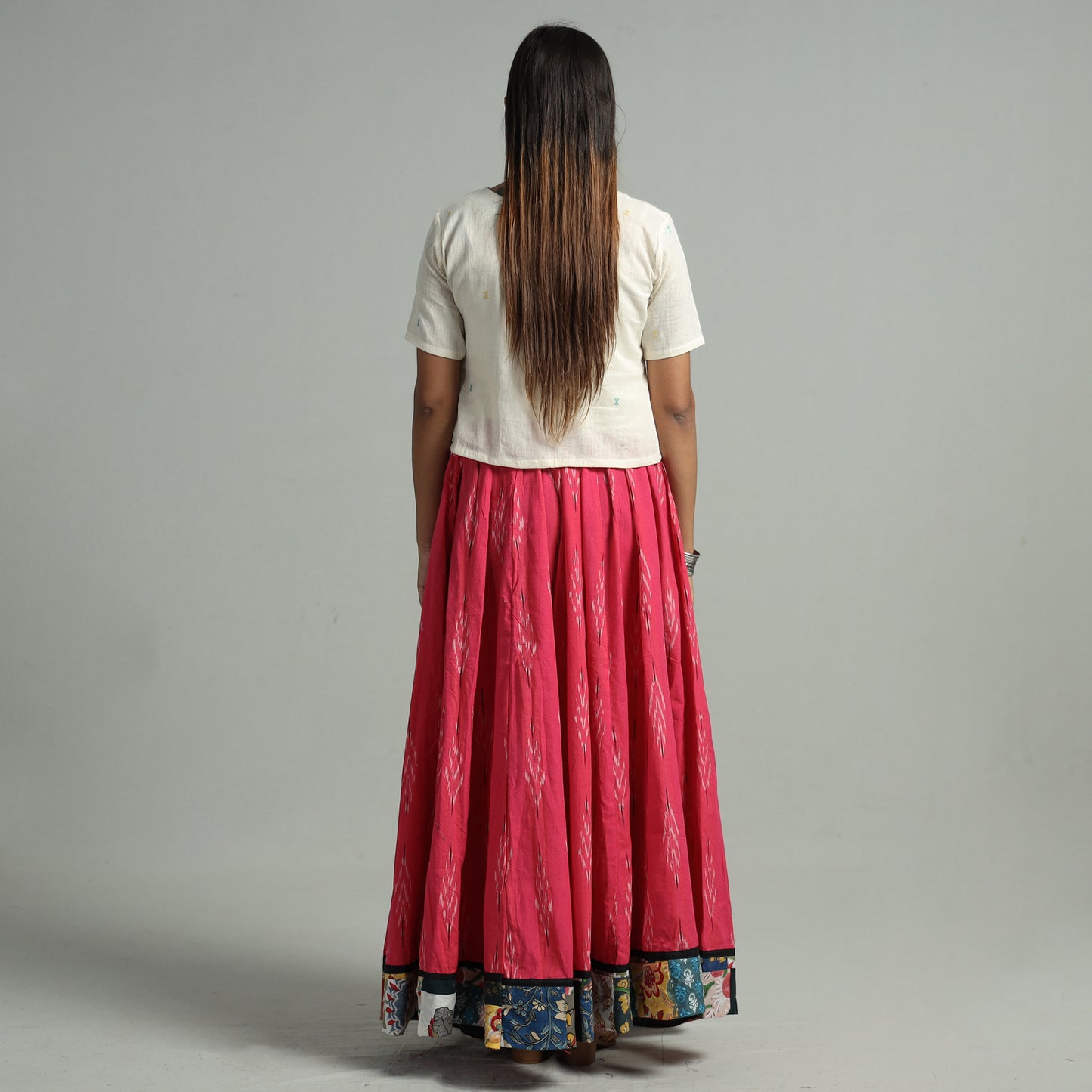 Pink - Pochampally Ikat 24 Kali Cotton Skirt with Patchwork Border 12