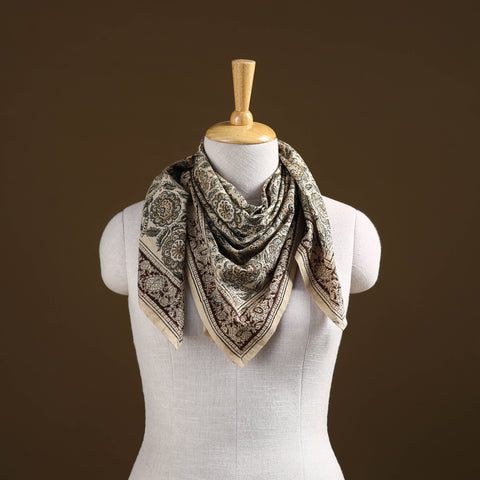 Beige - Pedana Hand Block Print Natural Dyed Cotton Kalamkari Scarf 15