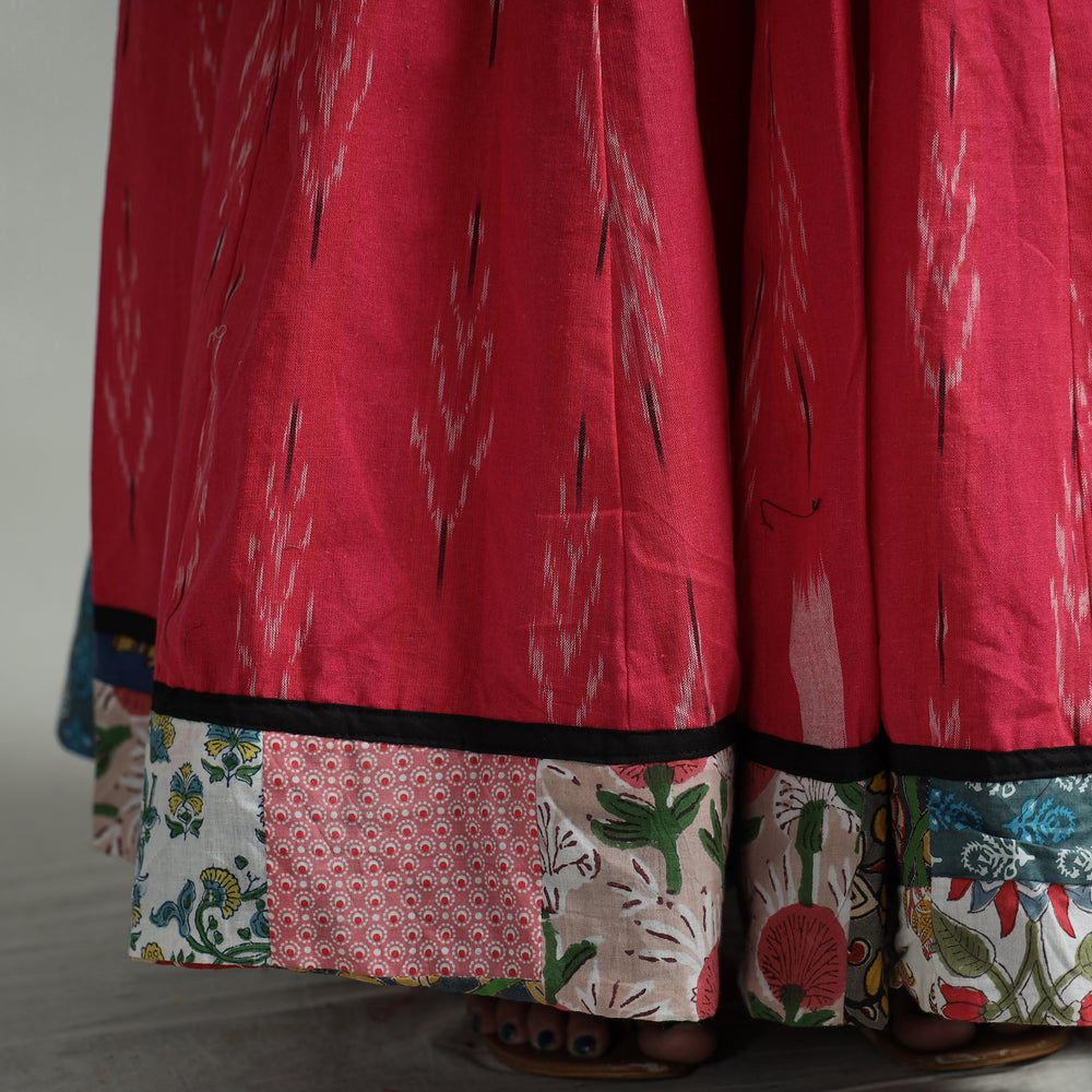 Pink - Pochampally Ikat 24 Kali Cotton Skirt with Patchwork Border 12