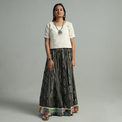 Grey - Pochampally Ikat 24 Kali Cotton Skirt with Patchwork Border 14