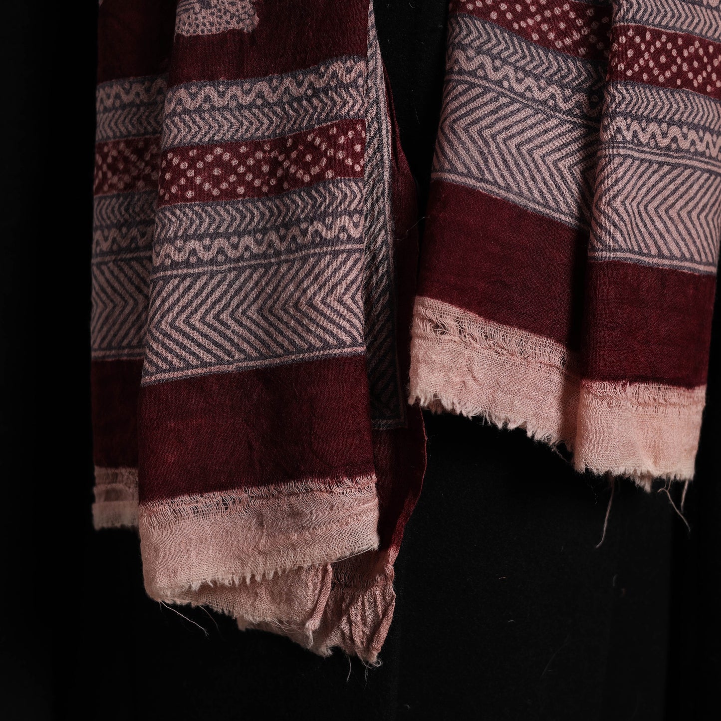 Maroon - bagh hand printed woollen stole 12 - handcrafted