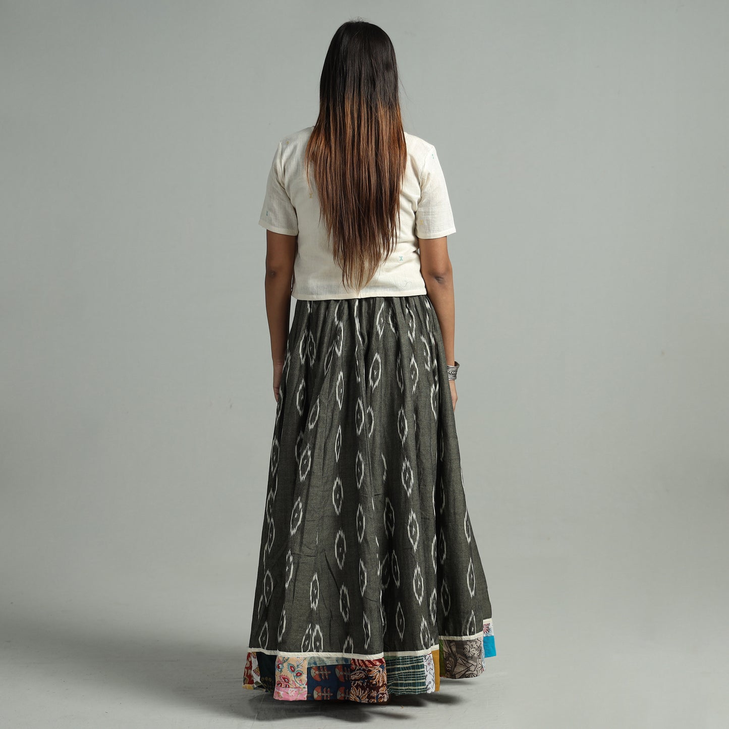 Grey - Pochampally Ikat 24 Kali Cotton Skirt with Patchwork Border 14