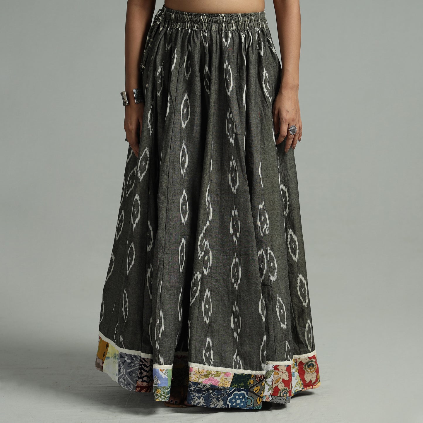 Grey - Pochampally Ikat 24 Kali Cotton Skirt with Patchwork Border 14