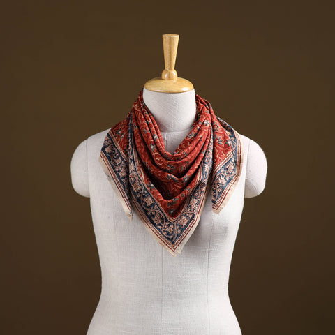 Red - Pedana Hand Block Print Natural Dyed Cotton Kalamkari Scarf 25