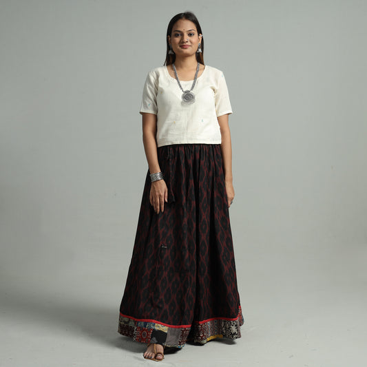 Black - Pochampally Ikat 24 Kali Cotton Skirt with Patchwork Border 15