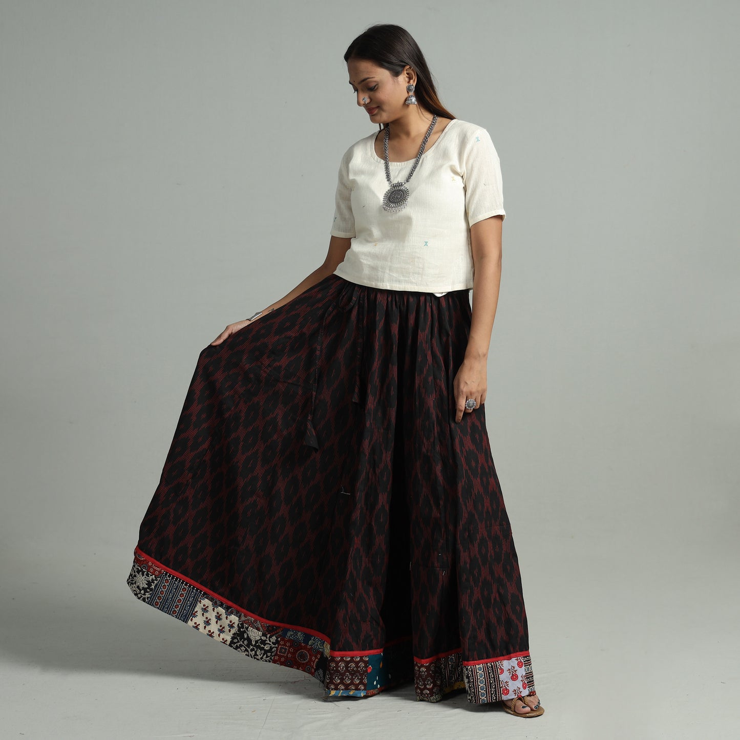 Black - Pochampally Ikat 24 Kali Cotton Skirt with Patchwork Border 15