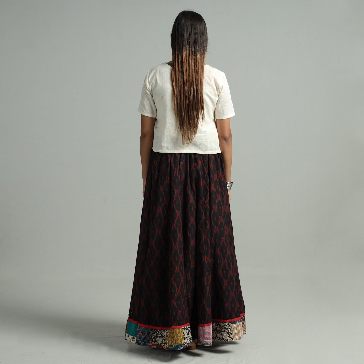 Black - Pochampally Ikat 24 Kali Cotton Skirt with Patchwork Border 15