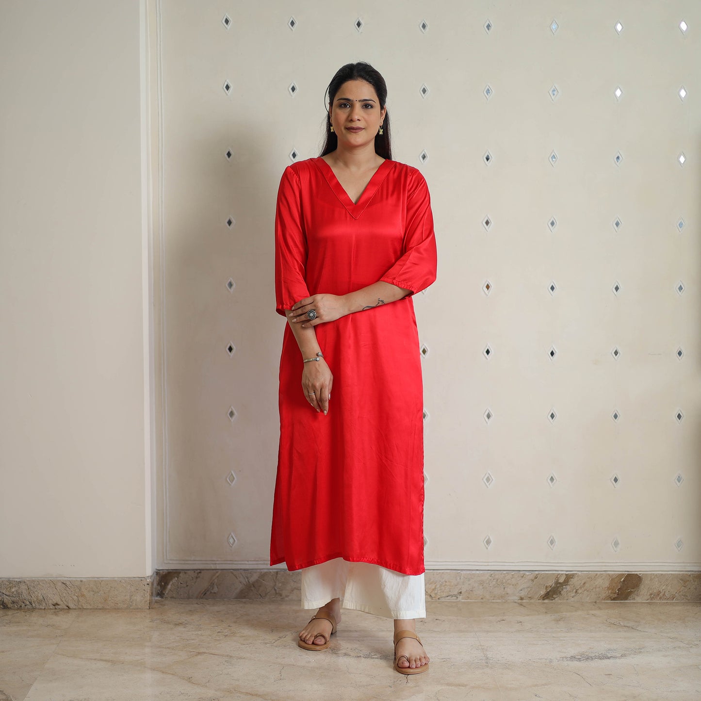 Ananya Dark Red Modal Silk Plain Straight Kurta