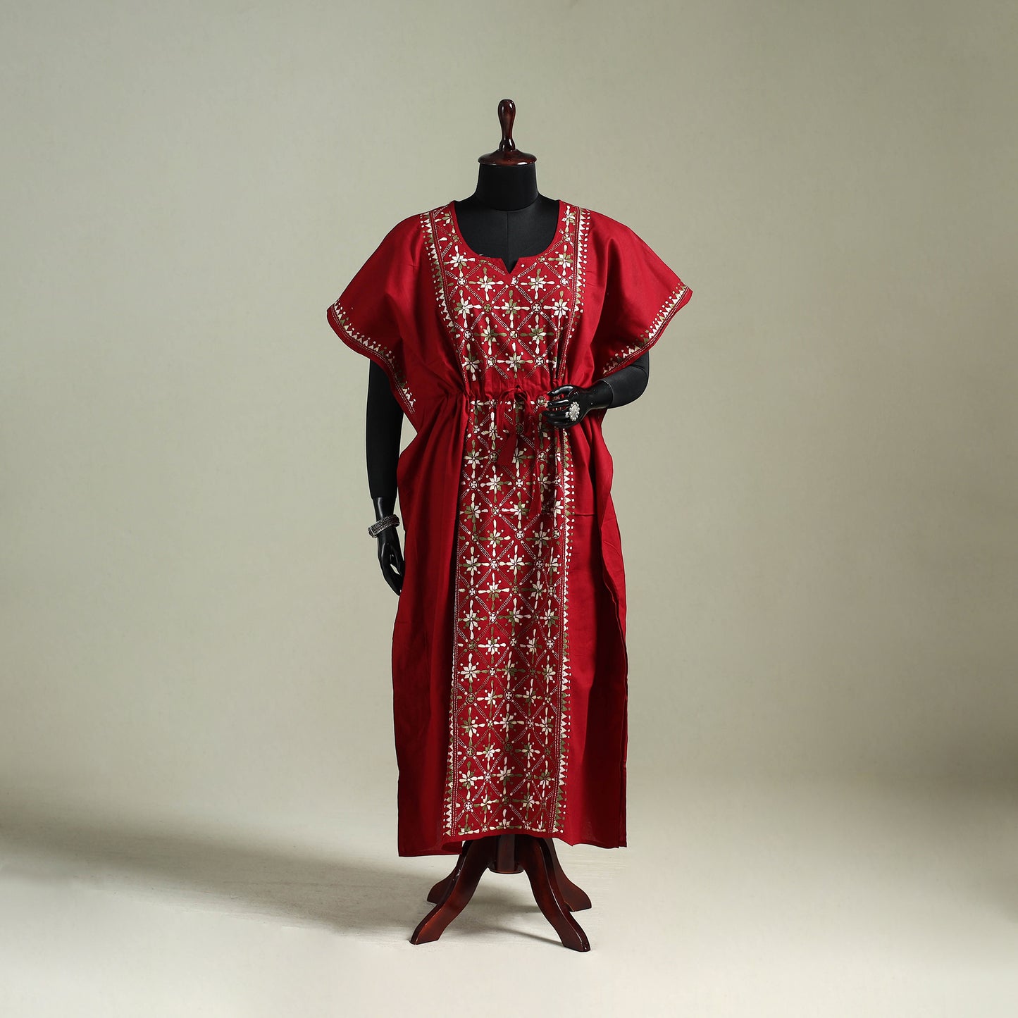 Red - Bengal Kantha Hand Embroidery Cotton Long Kaftan 14