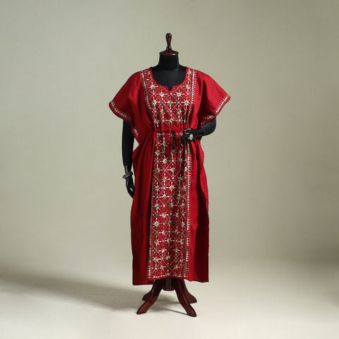 Red - Bengal Kantha Hand Embroidery Cotton Long Kaftan 14