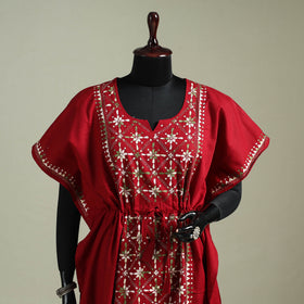 Red - Bengal Kantha Hand Embroidery Cotton Long Kaftan 14