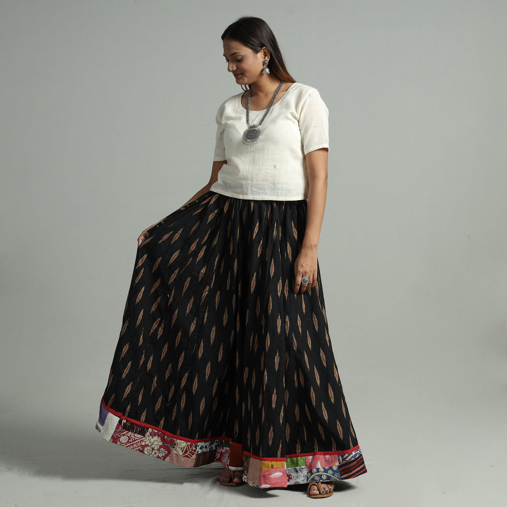 Black - Pochampally Ikat 24 Kali Cotton Skirt with Patchwork Border 16